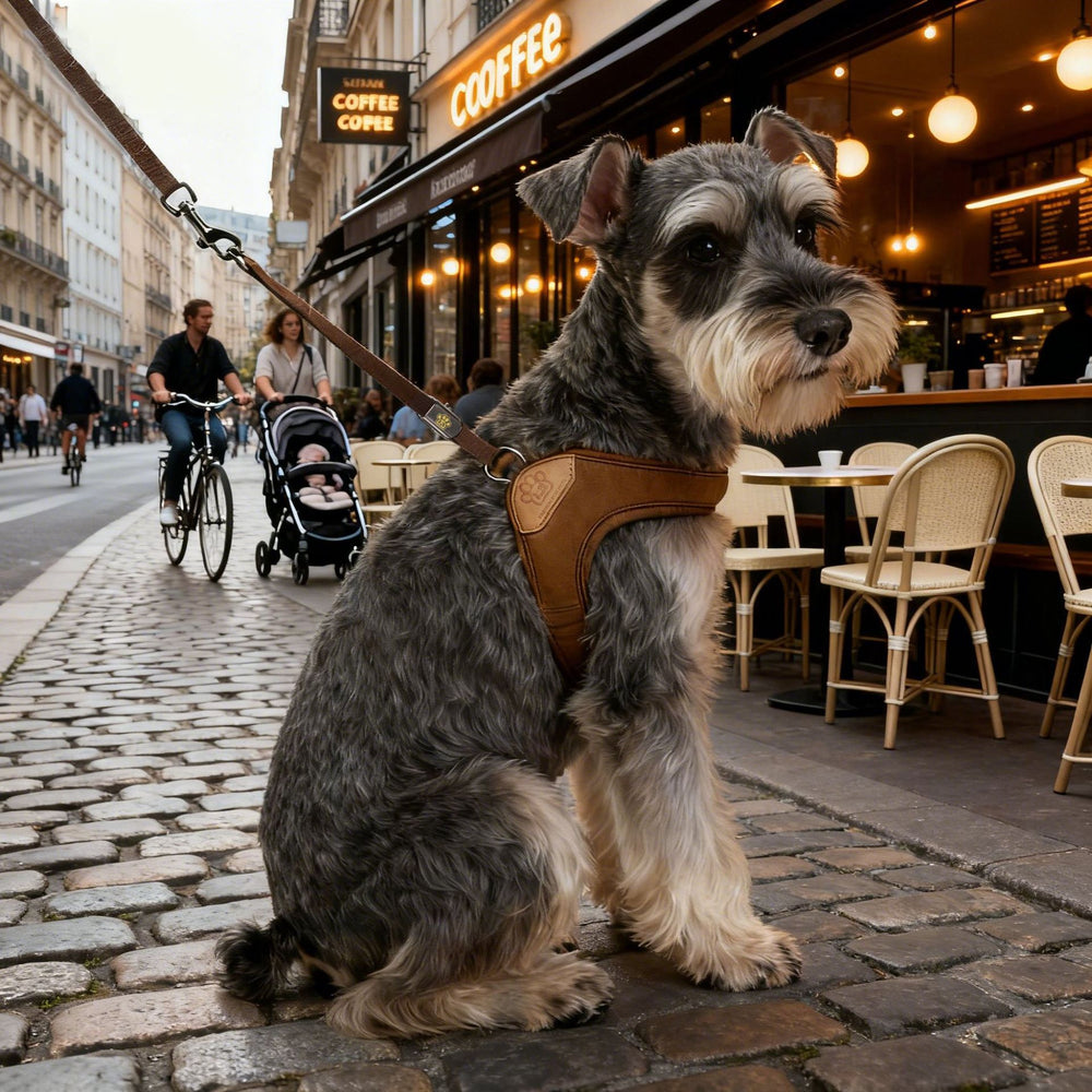 Coffee Brown harness and leash shown on a dog