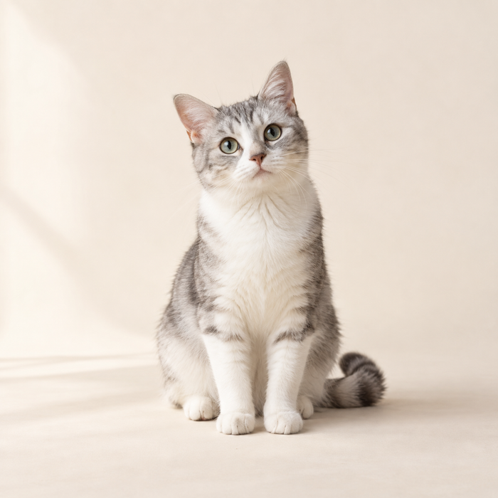 A curious silver and white cat