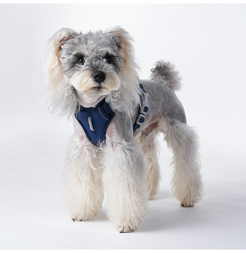 Side view of a dog wearing the Navy Blue harness