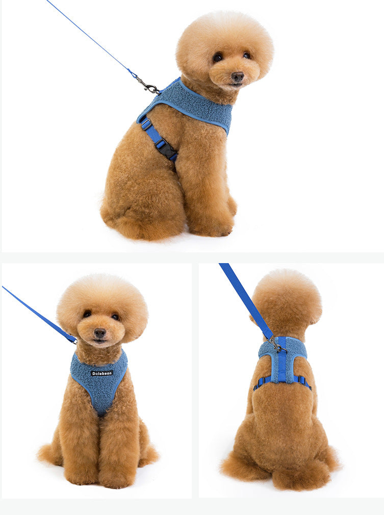 Dog wearing the blue teddy fleece harness from front side and back