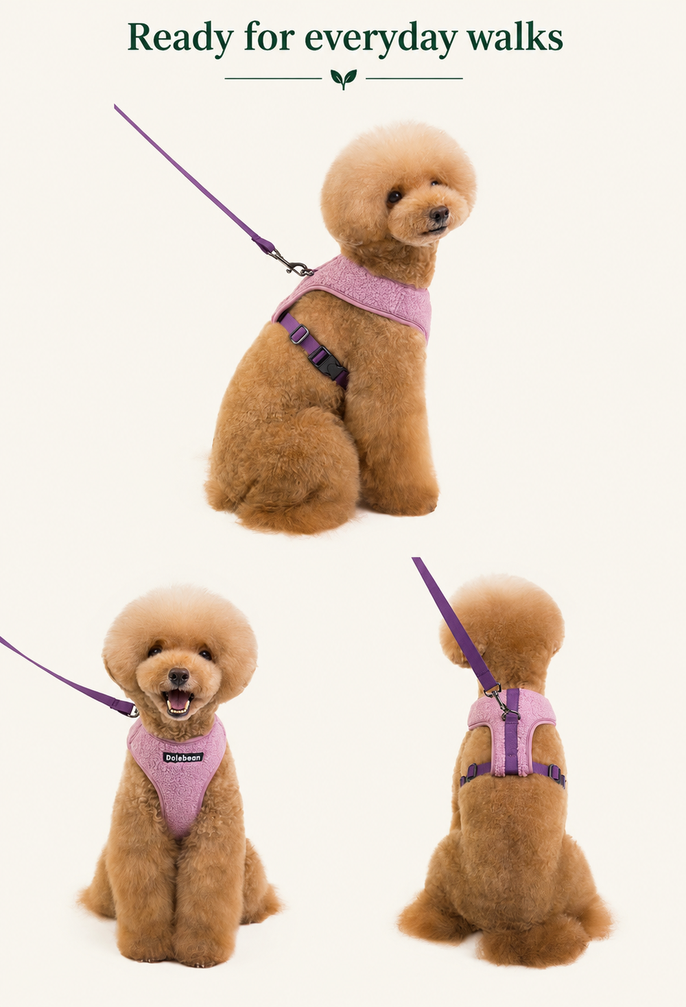Dog wearing the lilac teddy fleece harness in three views