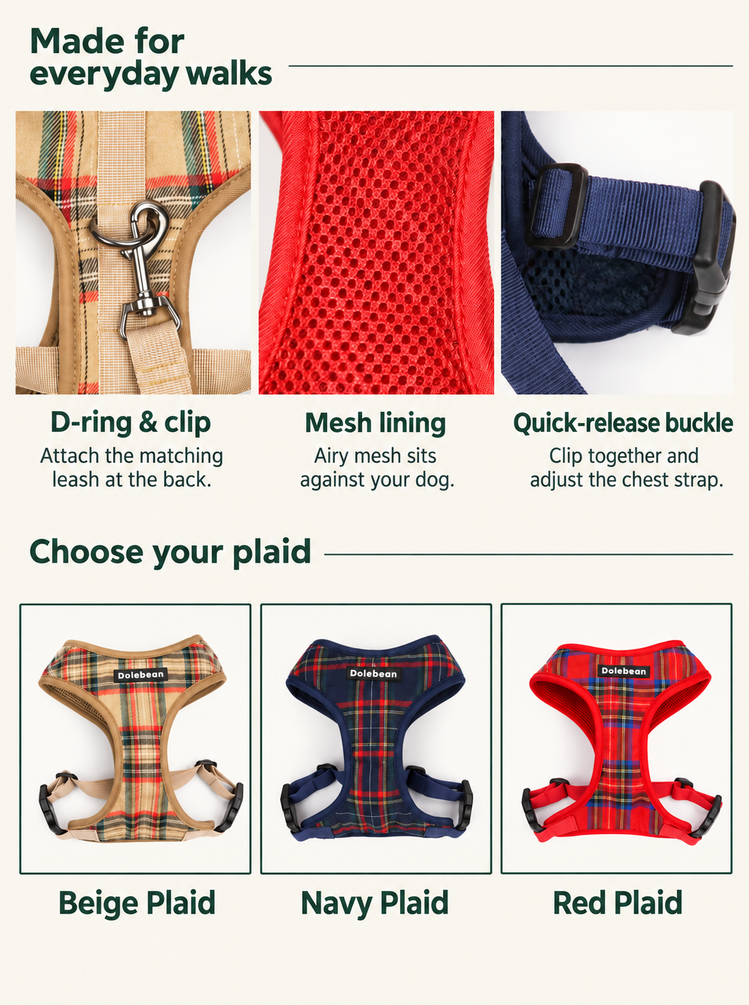 Harness construction close-ups and beige, navy and red plaid color options