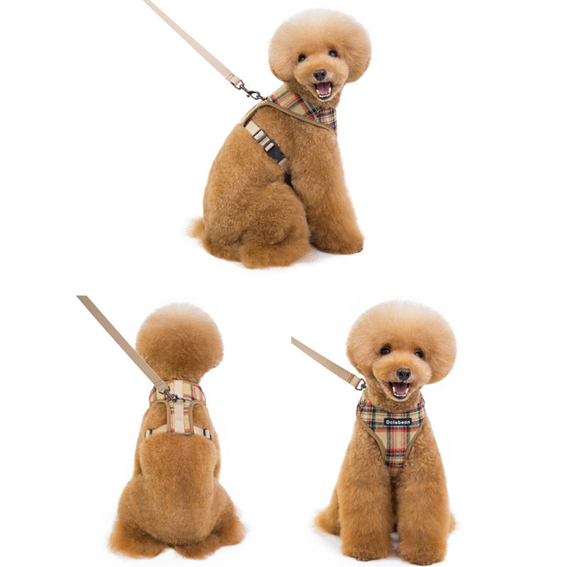 Dog wearing beige plaid harness in different views