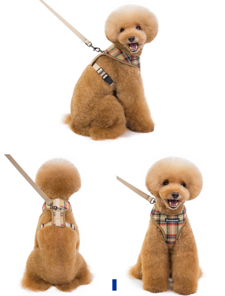 Additional front, side and back views of the beige plaid dog harness