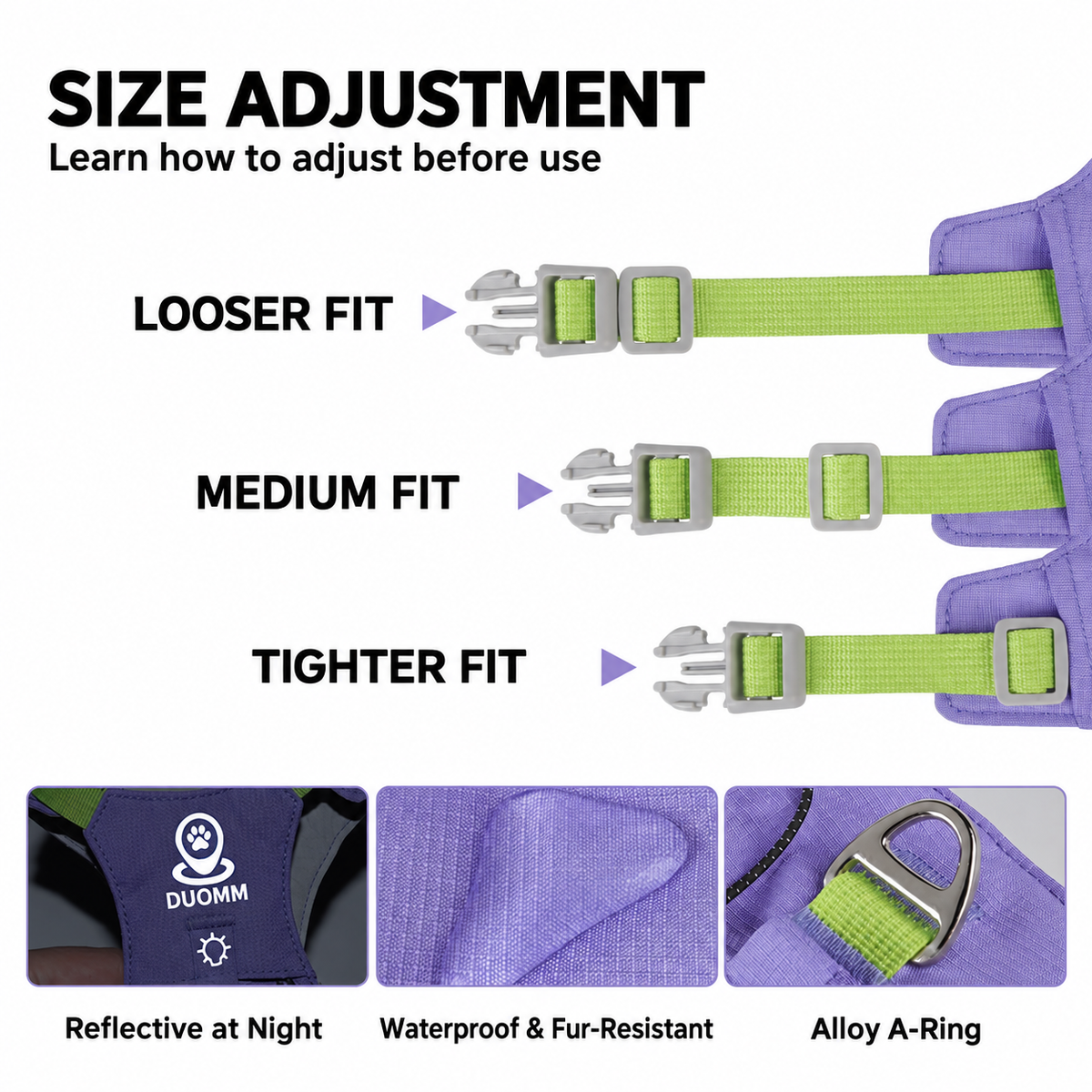 Close-up guide showing how to loosen and tighten the lime-green straps on the purple dog harness