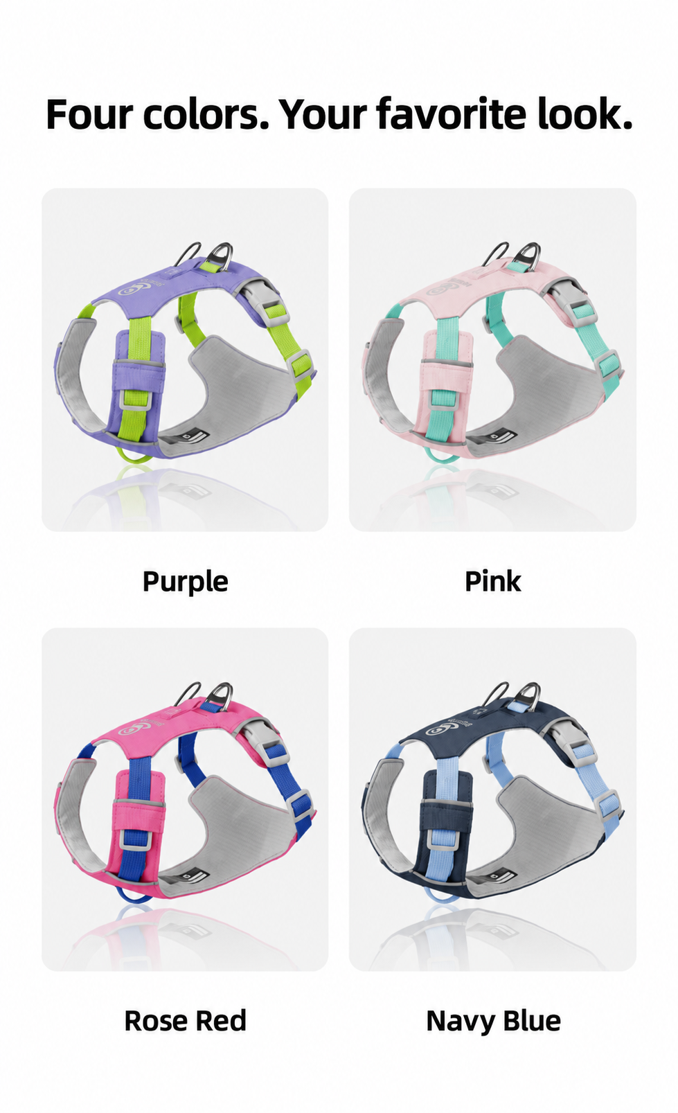 Purple, Pink, Rose Red and Navy Blue harness color examples