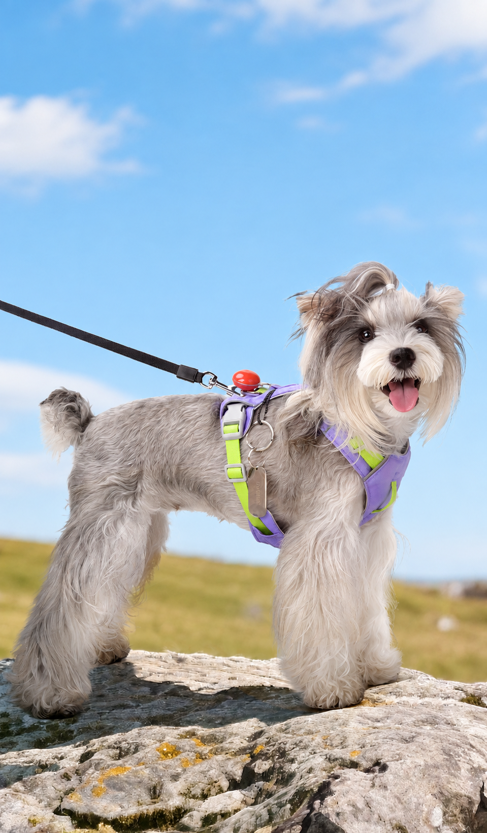 Dog wearing a purple and lime harness outdoors
