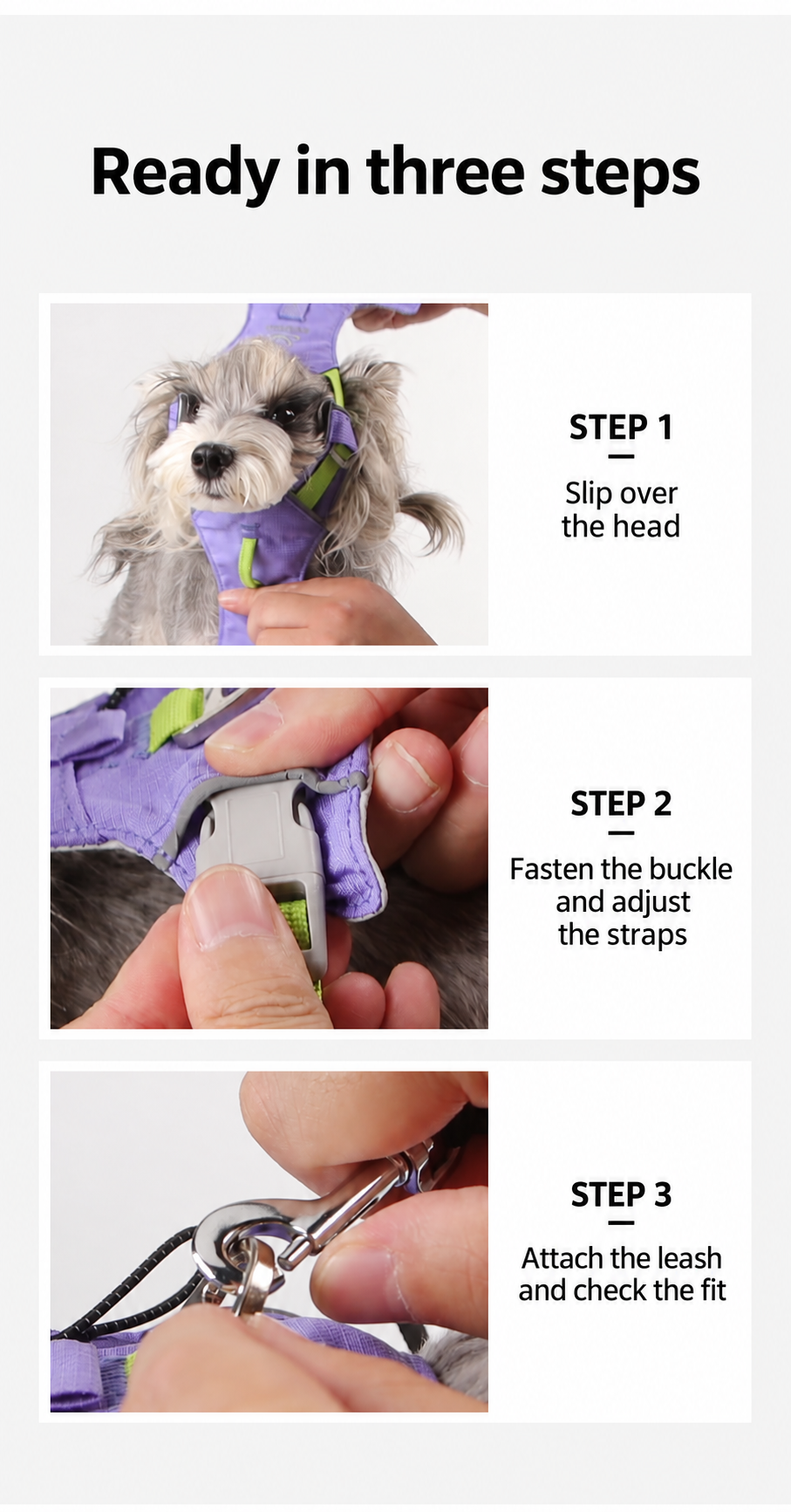 Three steps for putting on and adjusting the harness