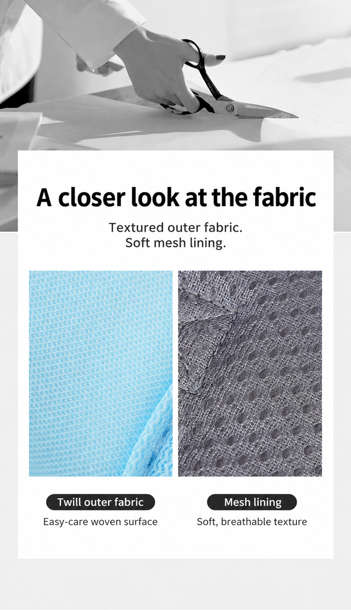 Woven outer fabric and mesh lining close-ups