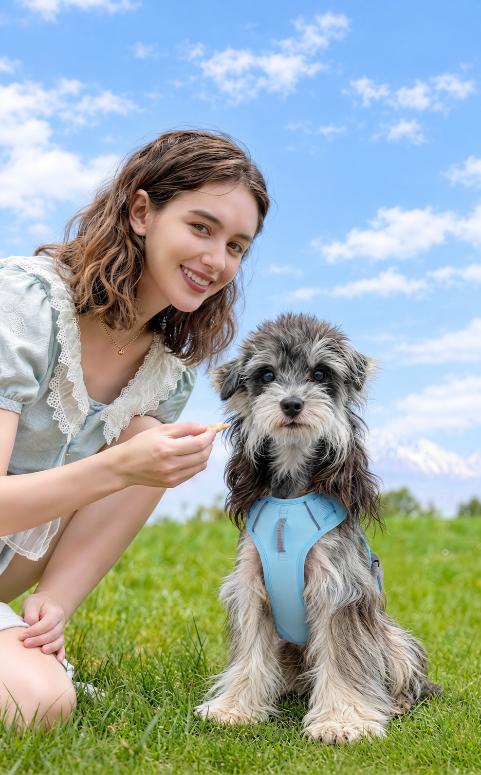 Woman and dog enjoying the outdoors with a light blue harness