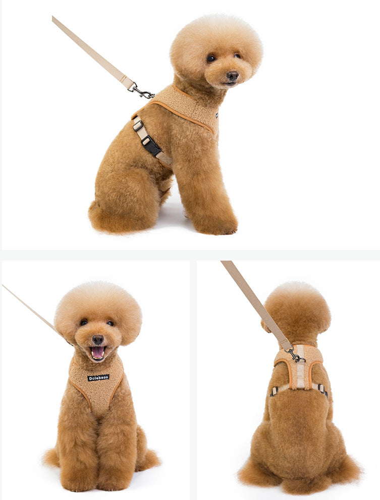 Dog wearing caramel teddy fleece harness from three angles