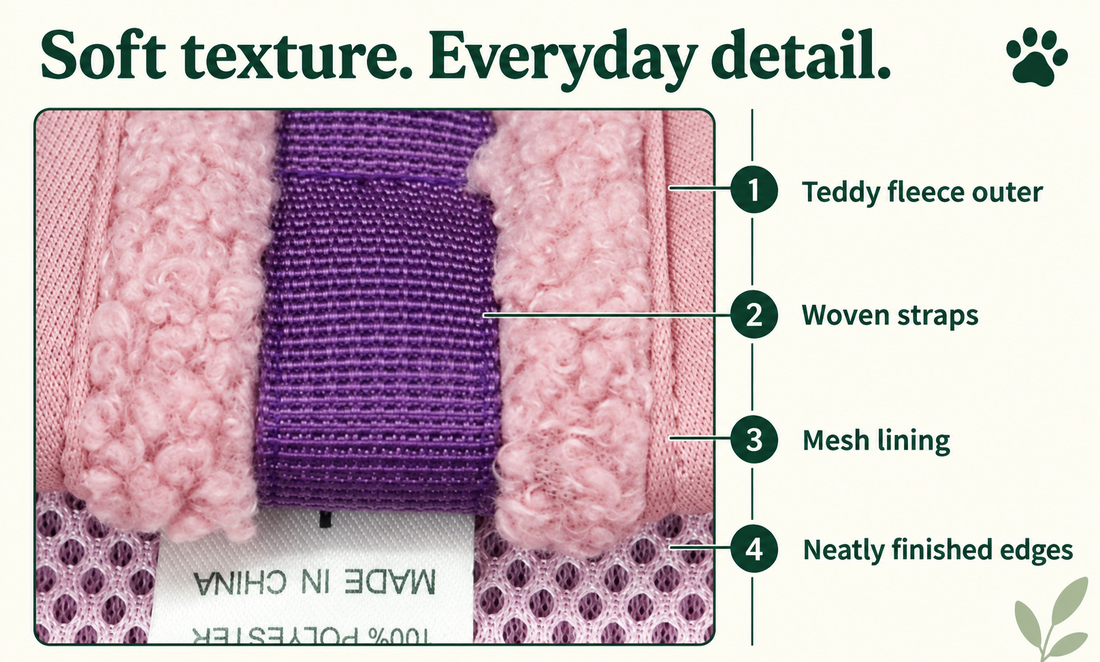 Close-up of lilac teddy fleece, woven strap and mesh lining