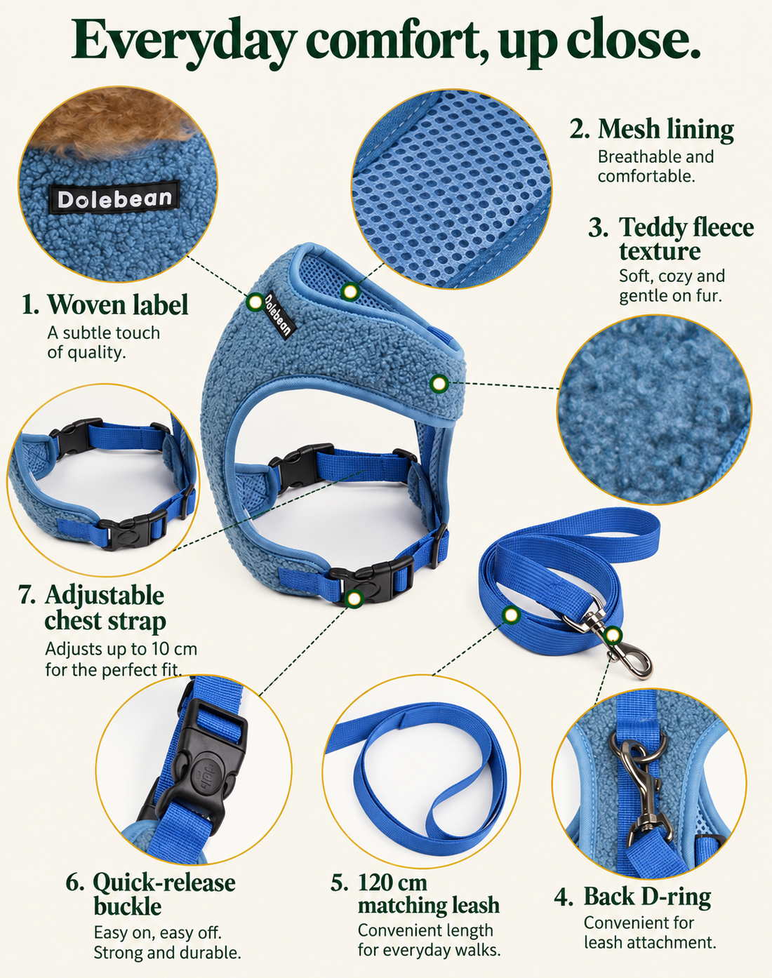 Teddy fleece harness features with mesh lining, buckle, adjustable strap and matching leash