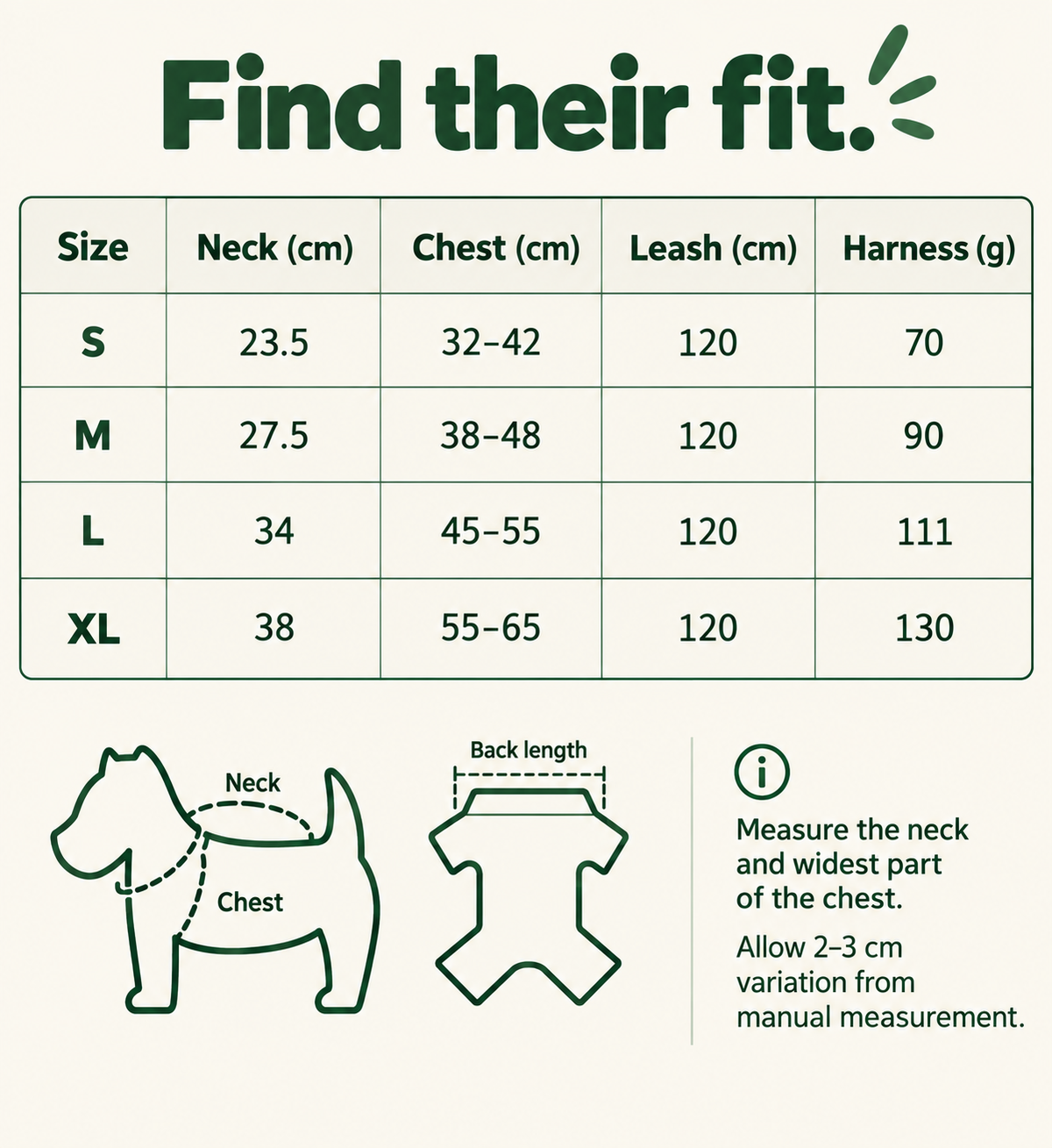 Size chart S M L XL with neck and chest measurements and 120 cm leash