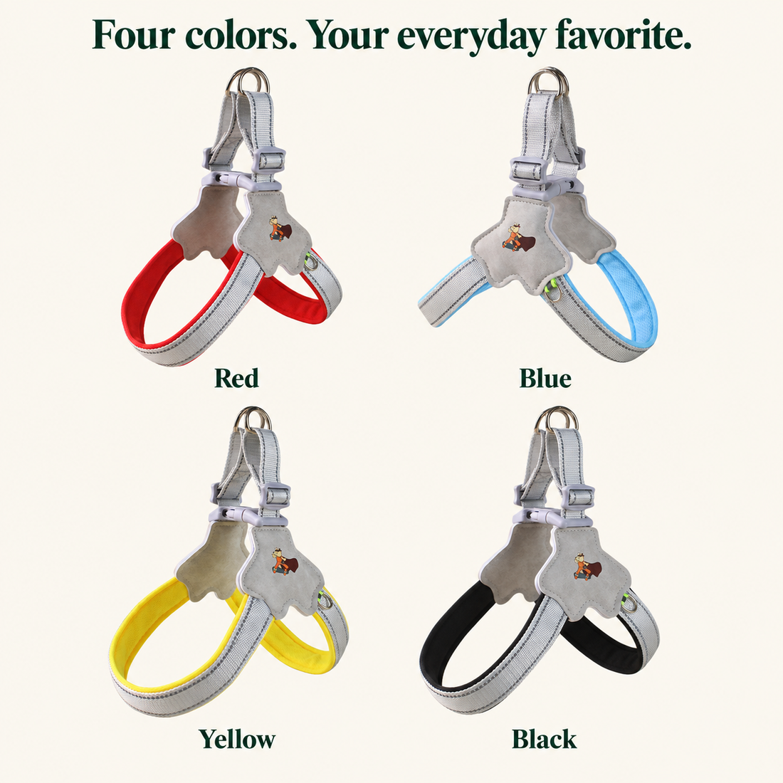Reflective step-in dog harness in Red, Blue, Yellow and Black