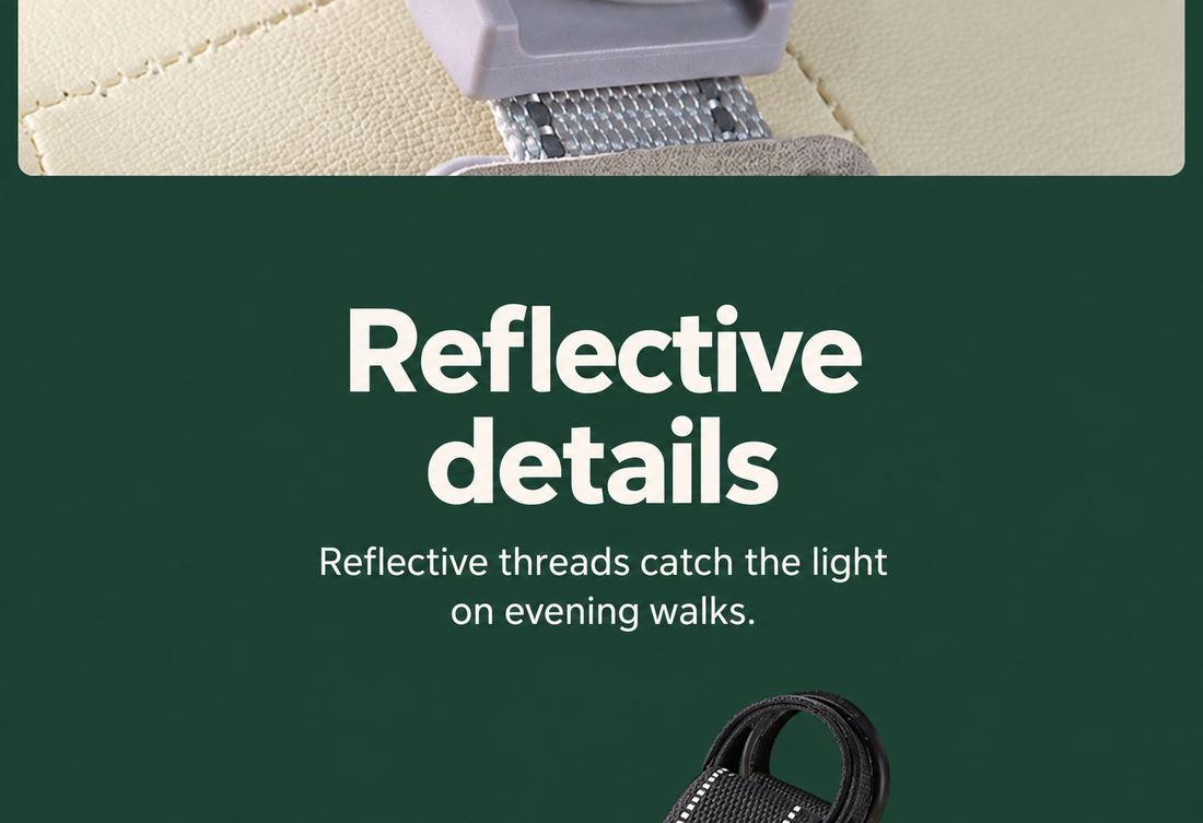 Reflective threads and buckle detail in the gray harness webbing