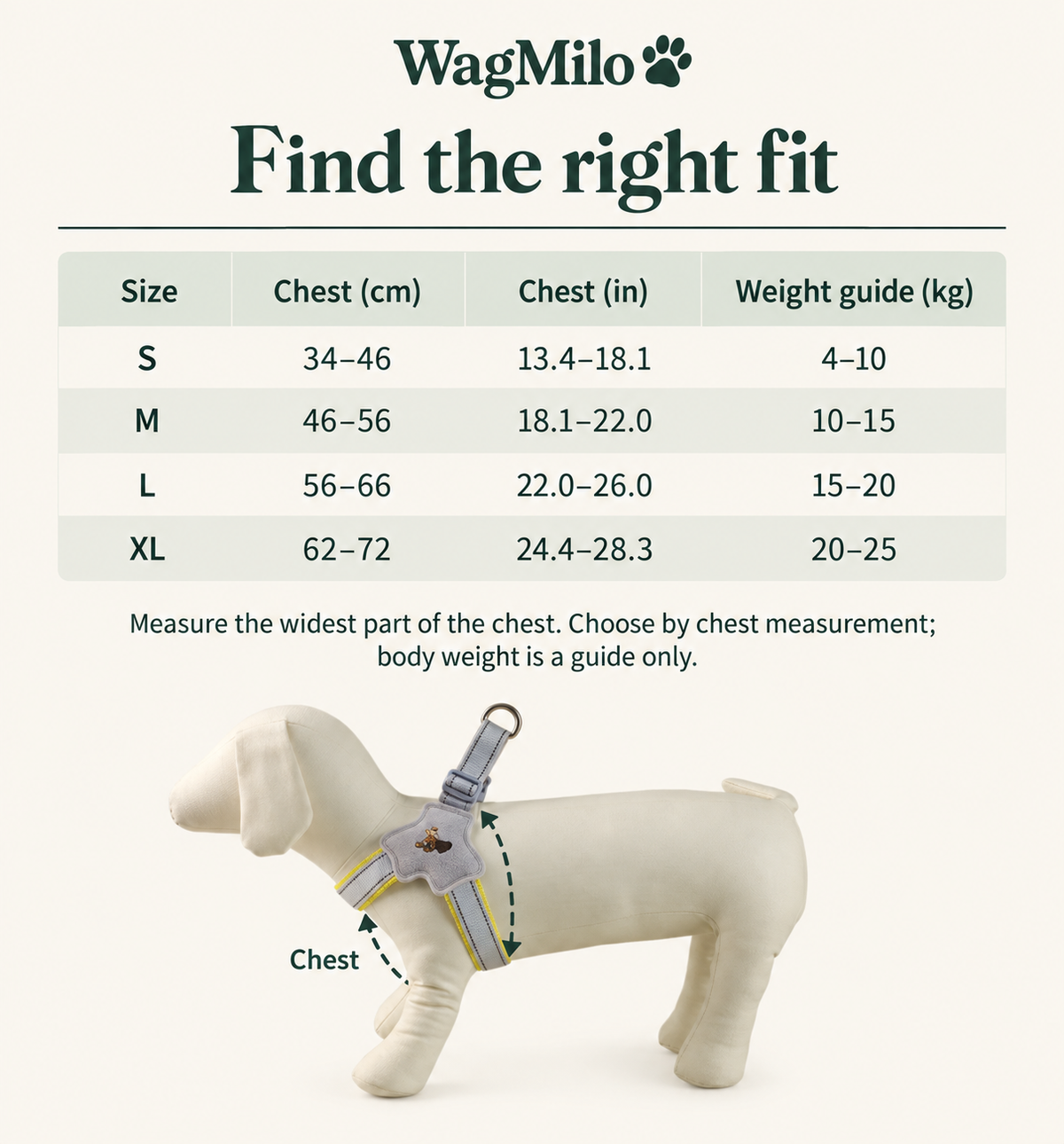 S to XL harness chest size chart in centimeters and inches with measurement diagram