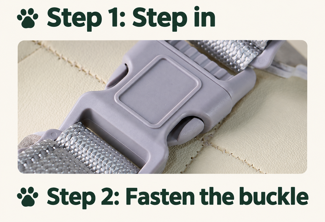 Step-in harness fitting instructions and quick-release buckle closeup