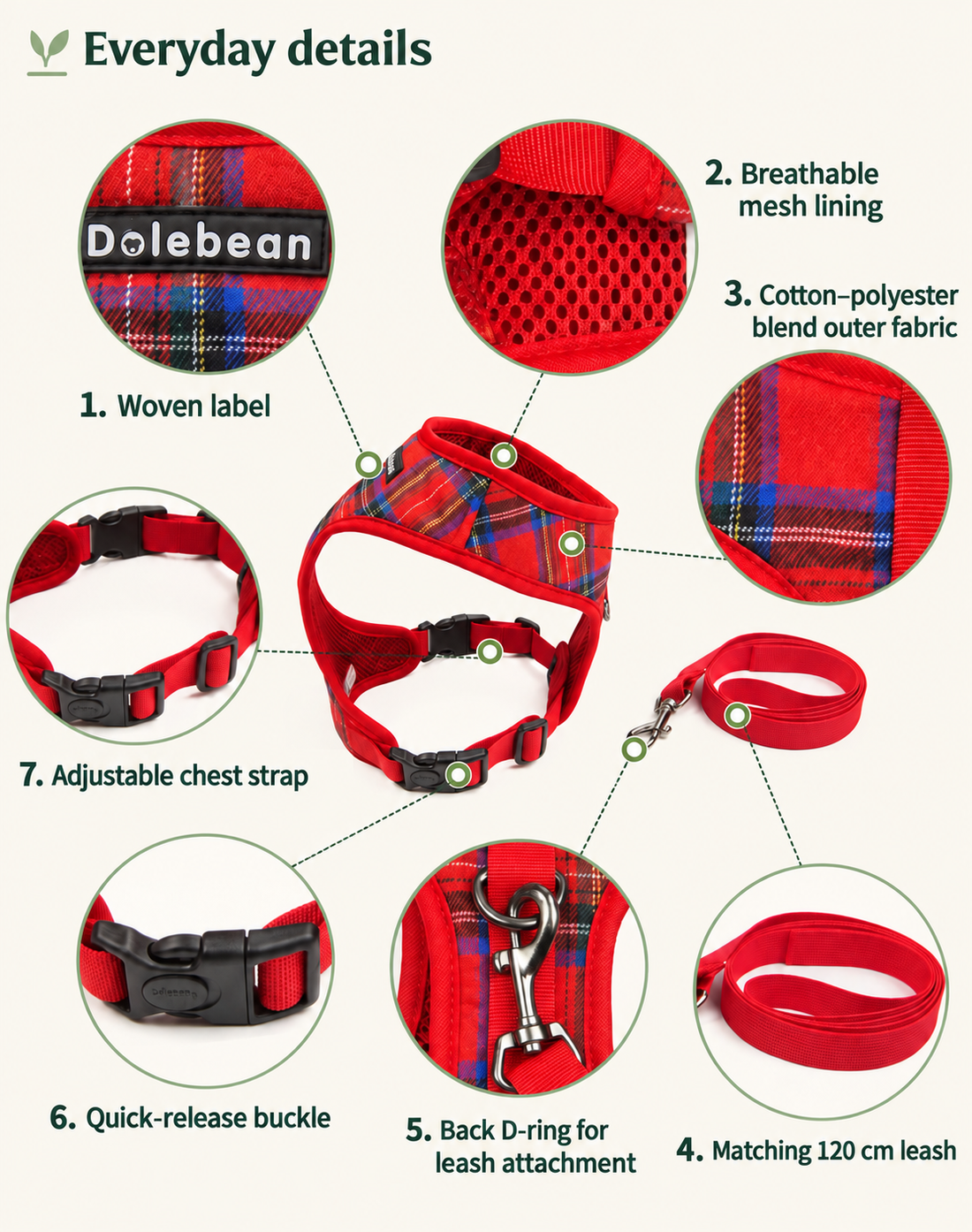 English guide to plaid fabric, mesh lining, adjustable chest strap, buckle and matching leash