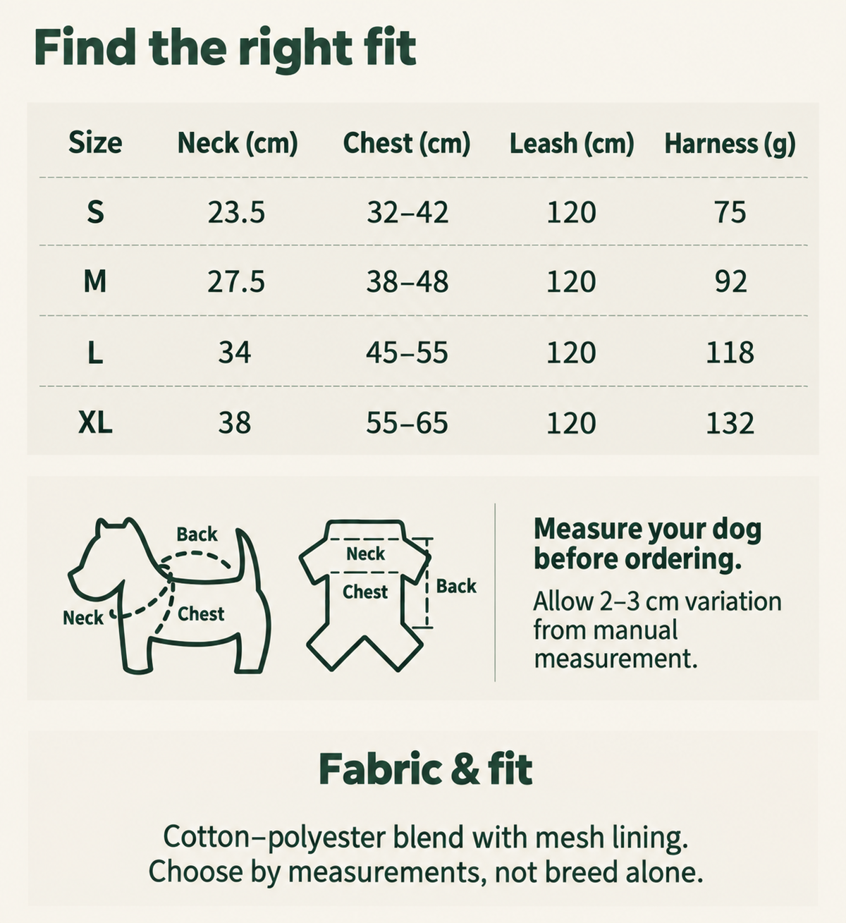Size chart S to XL with neck and adjustable chest measurements, leash length and harness weight